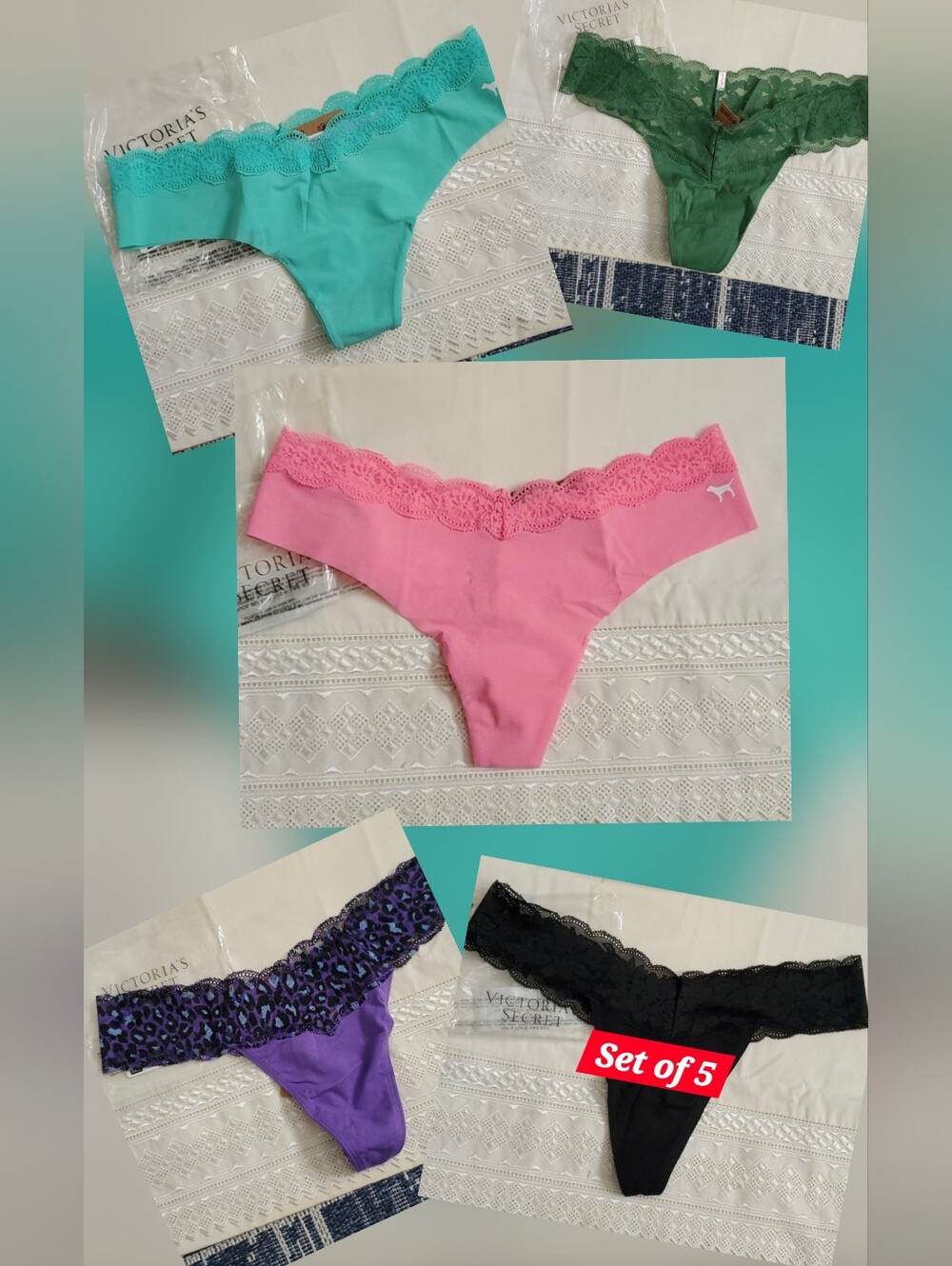 Victoria's Secret Thong Panty Set in Pink, Teal, Green, Purple, Black - 5 Pack
